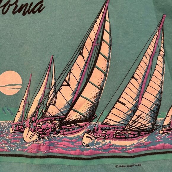 Vintage 1990 California tank top turquoise with sail boats - Picture 4 of 8